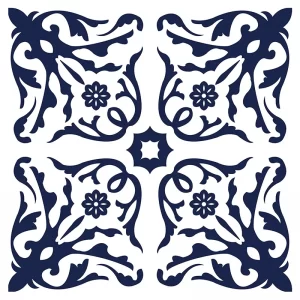 Baldosa adhesiva de vinilo blanca con diseños azul oscuro