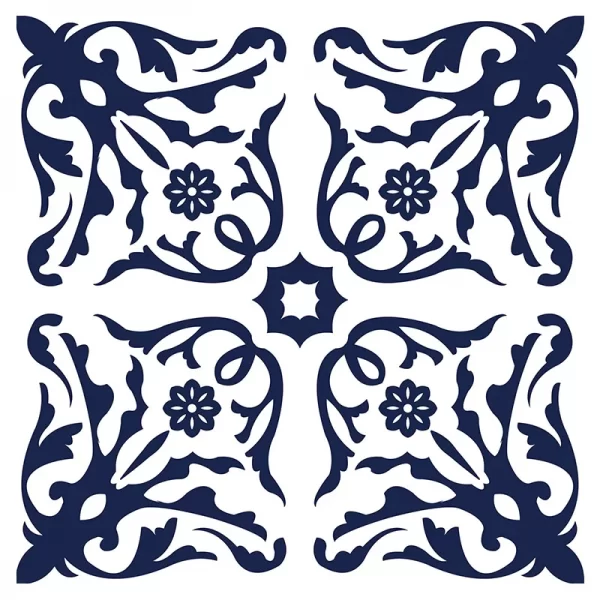 Baldosa adhesiva de vinilo blanca con diseños azul oscuro